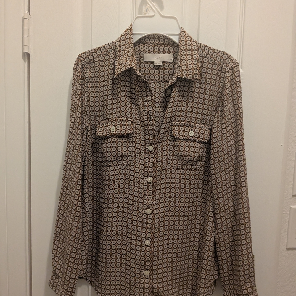 LOFT Geometric Print Blouse in Brown and Blue